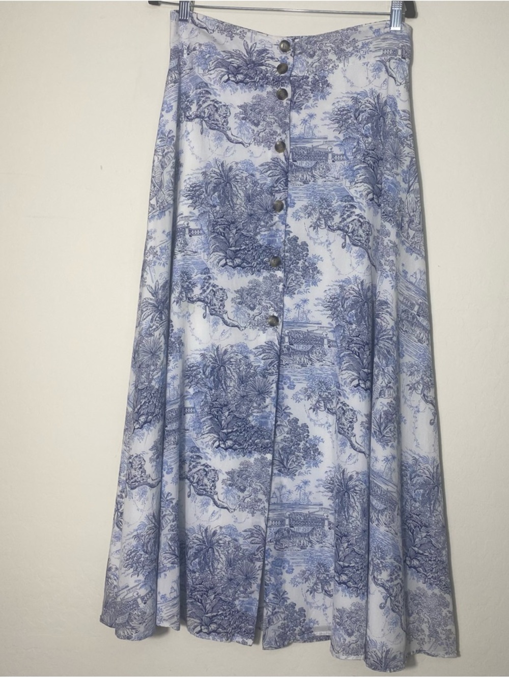 Blue Toile Button-Front Midi Skirt